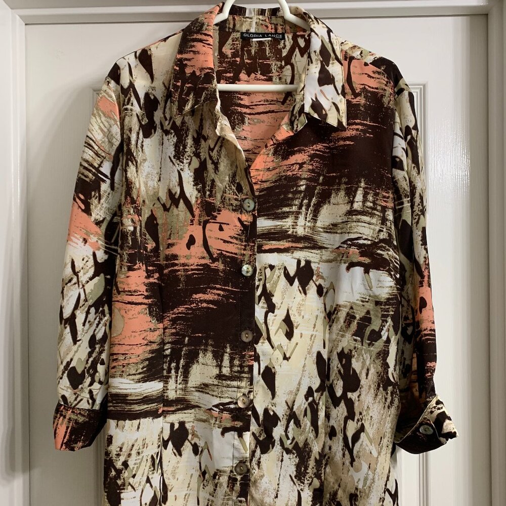 Gloria Lance Women's Brown, Pink, White Blouse, Size 3X